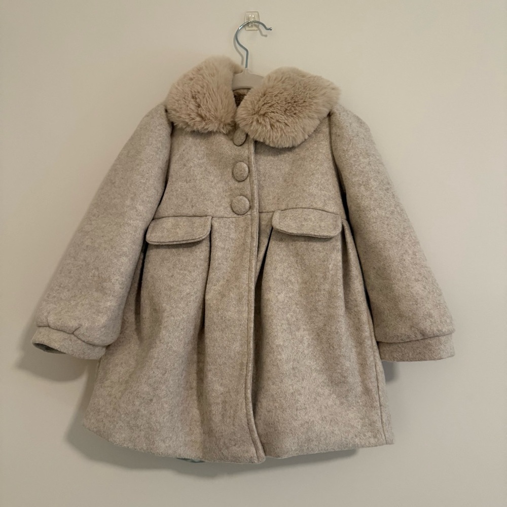 Tahari Kids Tan Pea Coat with Faux Fur Collar